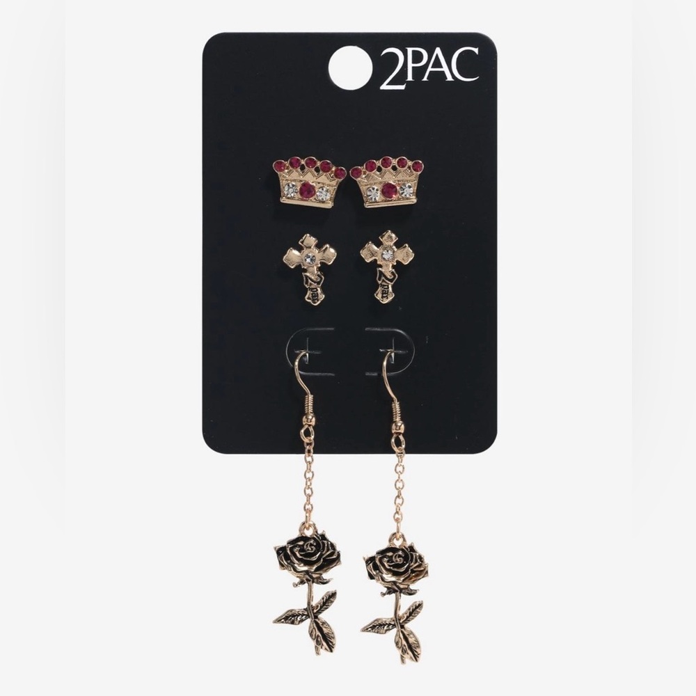2PAC Tupac Crown Cross Rose Earring Set – 3 Pairs Gold Tone